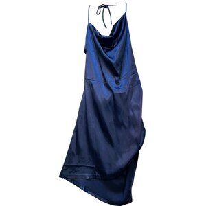 Cider Women's Satin Cowl Neck Ruched Bodycon Dress Sleeveless Size S Navy Blue